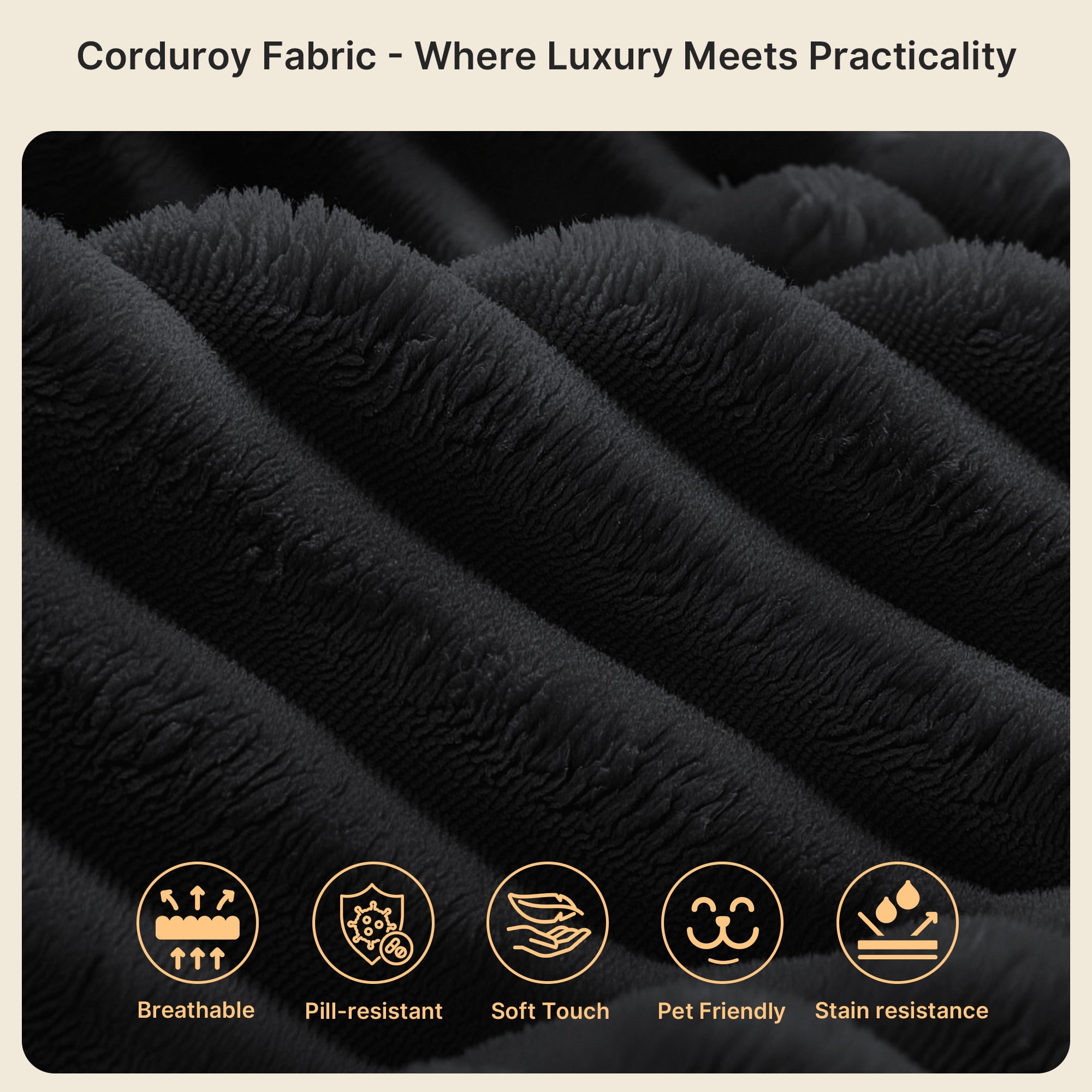 Sofa, Lofka 105" Free Assembly L-Shaped Sectional with Pet Friendly Corduroy Fabric, Black for Living Room/Apartment