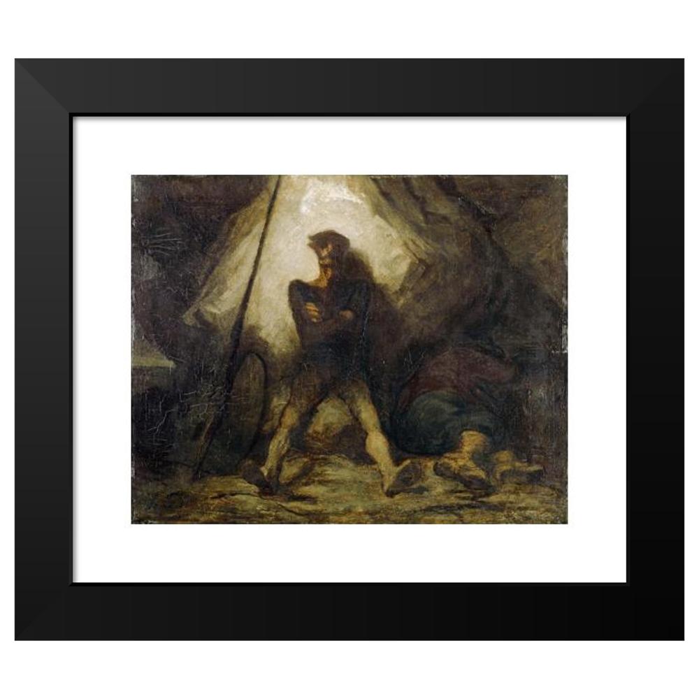 Honoré Daumier 14x12 Black Modern Framed Museum Art Print Titled - Don Quixote's Vigil (1855-1856)