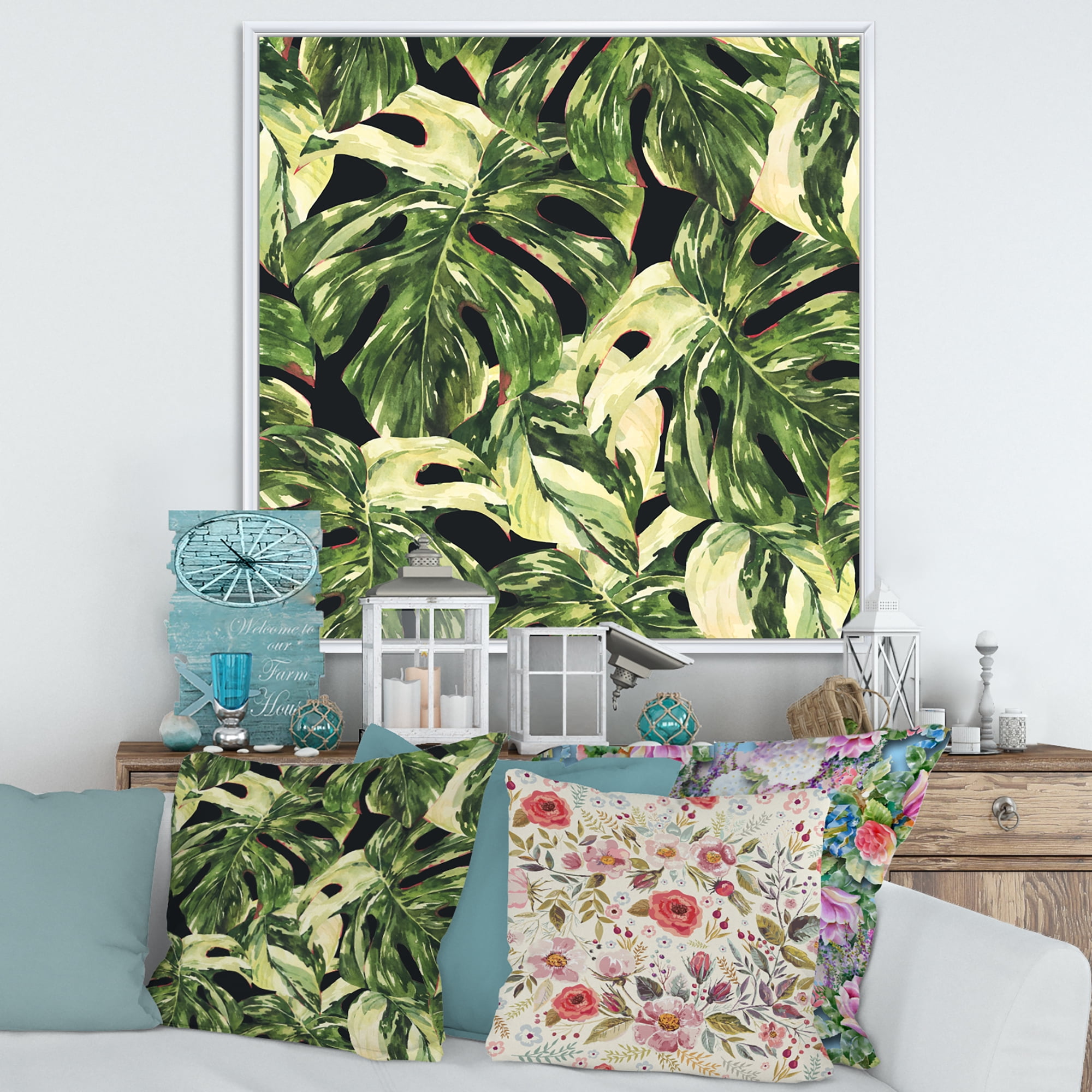 Designart 'Natural Green Leaves Exotic On Dark II' Tropical Framed Canvas Wall Art Print