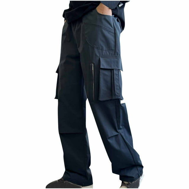 Man Fashion Leisure Solid Color Zipper Pocket Work Straight Tube Clothes Trousers