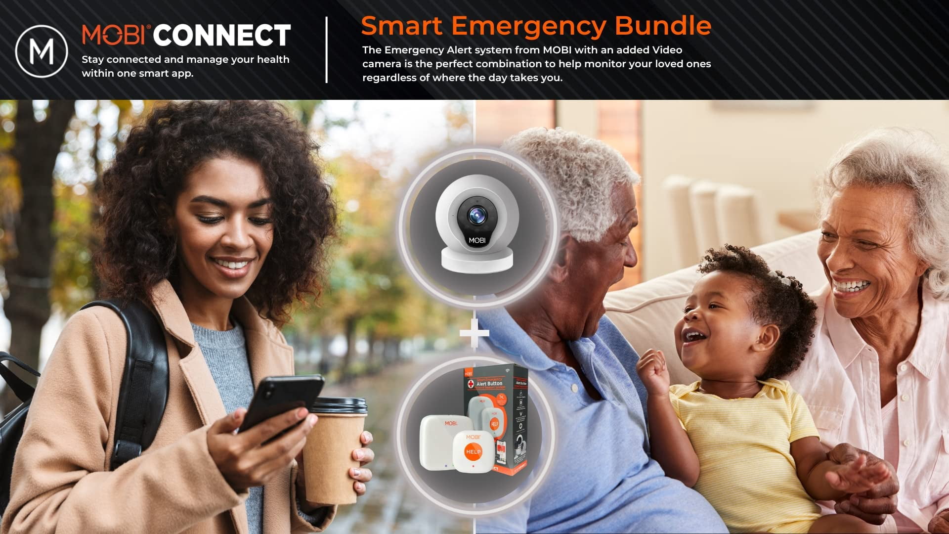 MOBI Connect Emergency Alert System Bundle - Caregiver Support SOS Button with Multi-Purpose Monitor
