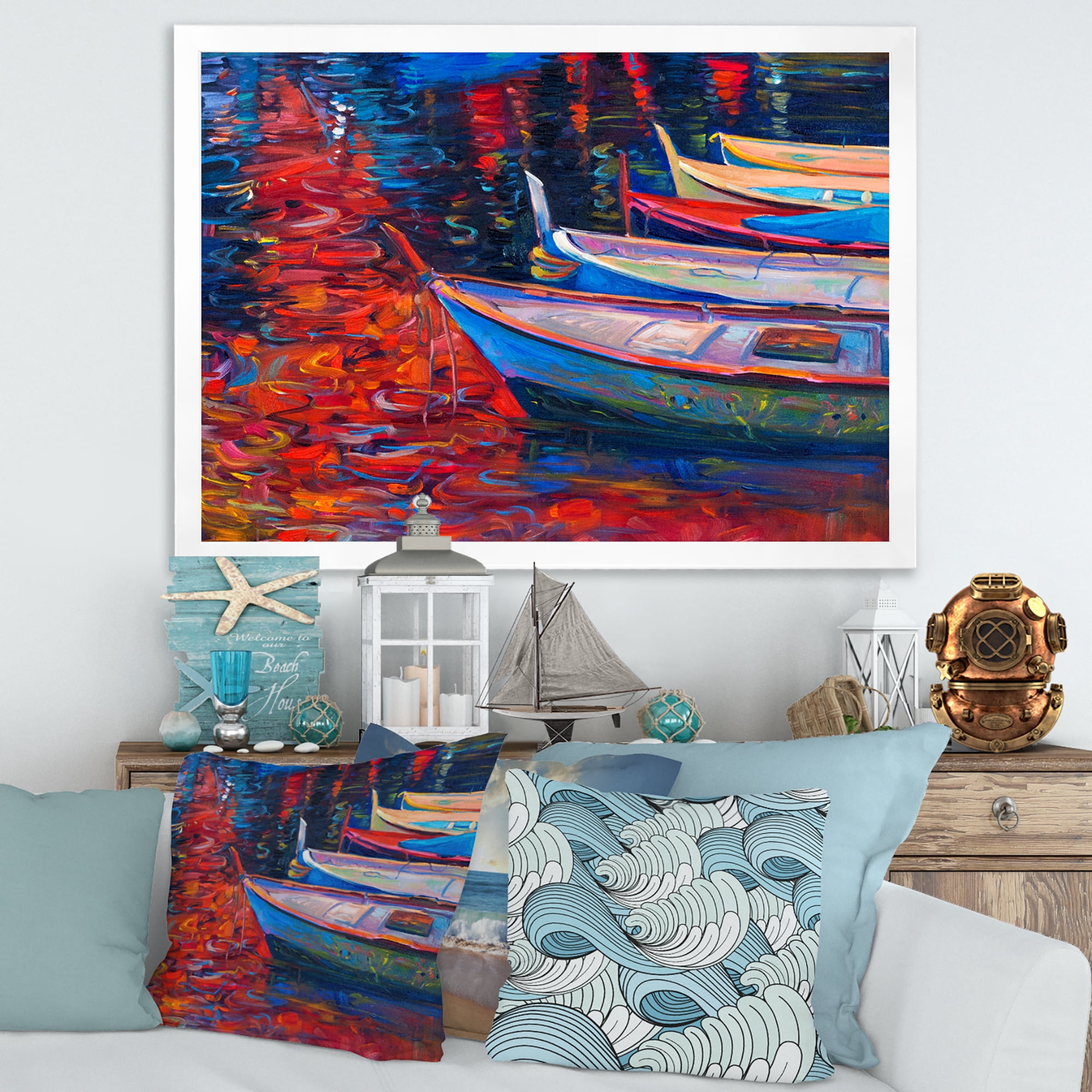 Boats During Warm Sunset Resting On The Water IX 32 in x 16 in Framed Painting Canvas Art Print, by Designart