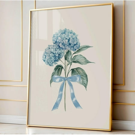 DOPAPRINT Blue Hydrangeas Print, Blue Bow Cottagecore Decor, Hydrangea Painting, Light Blue Wall Art, College Dorm Decor, Vintage Floral Print Wall Art NO FRAMED POSTER, Wall Art