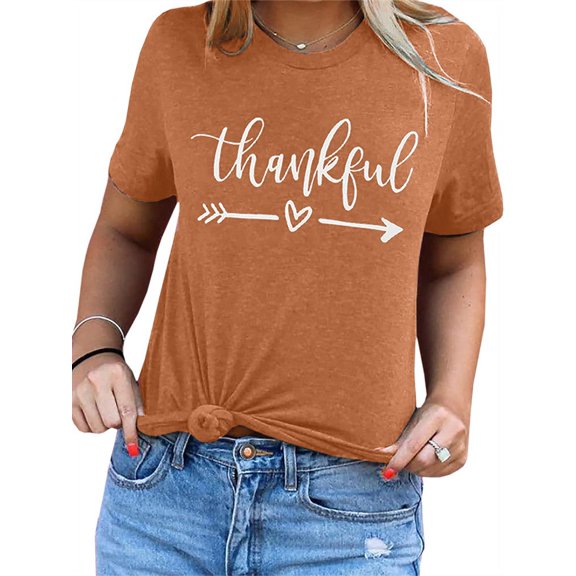 Thankful Letter Print Women Short Sleeve Summer T-Shirt