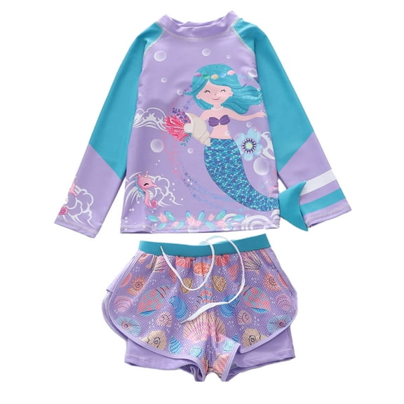 HWJAD 3-9T Girls' and Toddler 2-Piece Rashguard Swimset Bathing Suit Long Sleeve Swimsuit with Shorts Swimwear,Mermaid