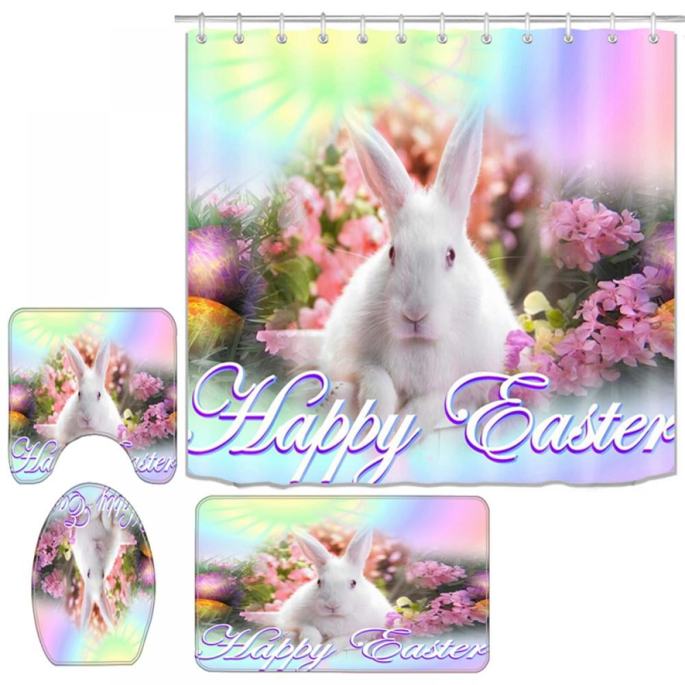 Wish You Happy Easter Rabbits Eggs Bathroom Fabric Shower Curtain Set 71Inch 