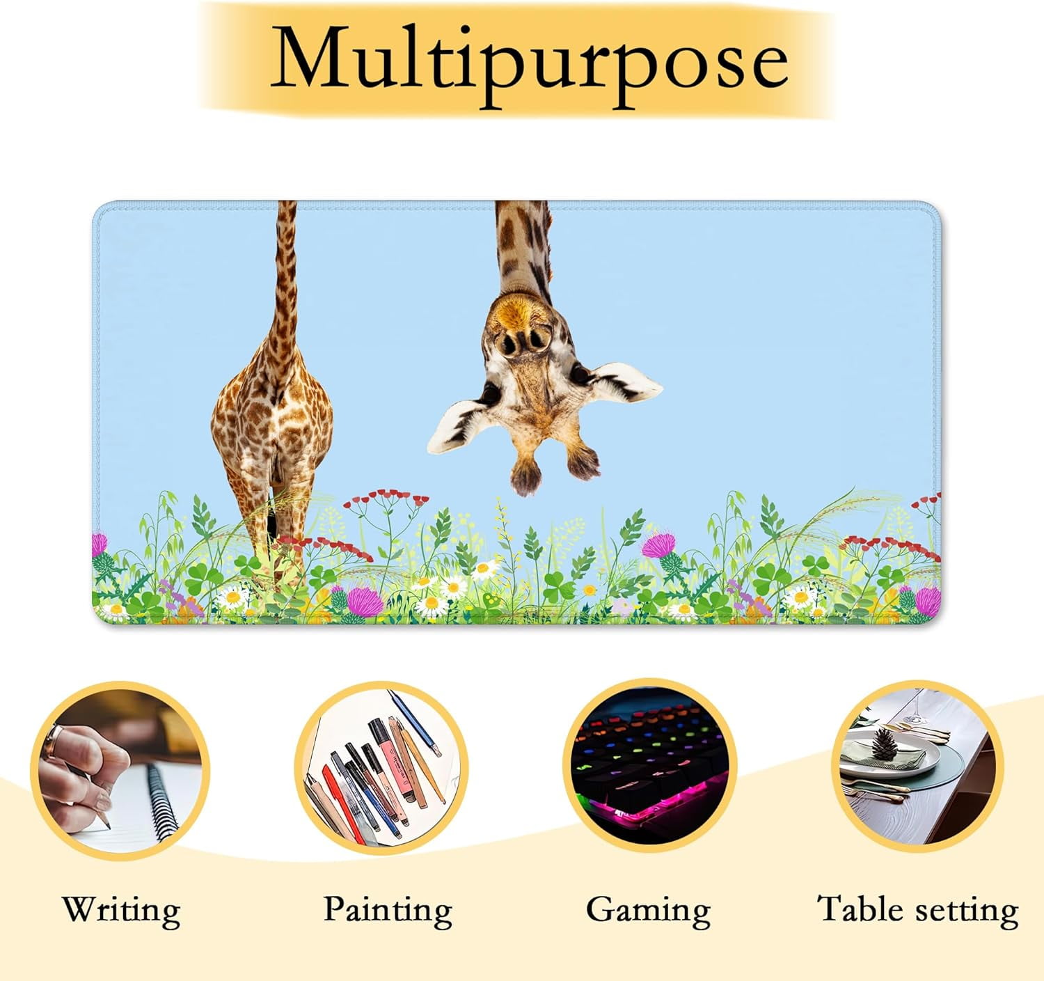 Funny Giraffe with Flowers Desk Mat,Large Gaming Mouse Pad,Non-Slip Rubber Base Mousepad with Stitched Edges,Waterproof Mouse Mat Desk Pad for Work, Game, Office (31.5x15.7 in)