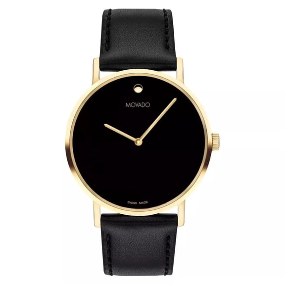 Movado Men's Signature Yellow Gold Black Dial Leather Band Swiss Watch