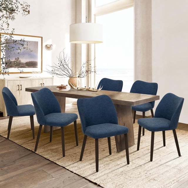 Juego de 6 sillas de comedor COLAMY, azul, tapizadas en cuero PU, patas de madera