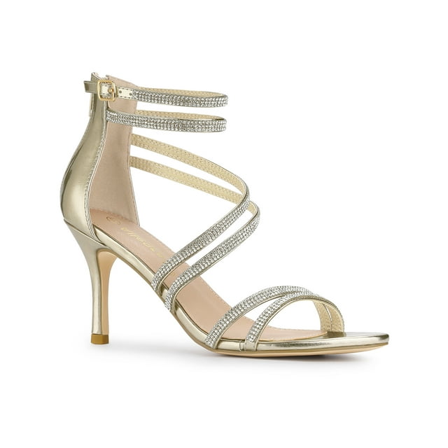 BLISSFUL STEP Women's Shoes Stiletto Heel Open Toe Ankle Strap Rhinestone Buckle Sandals Gold 10