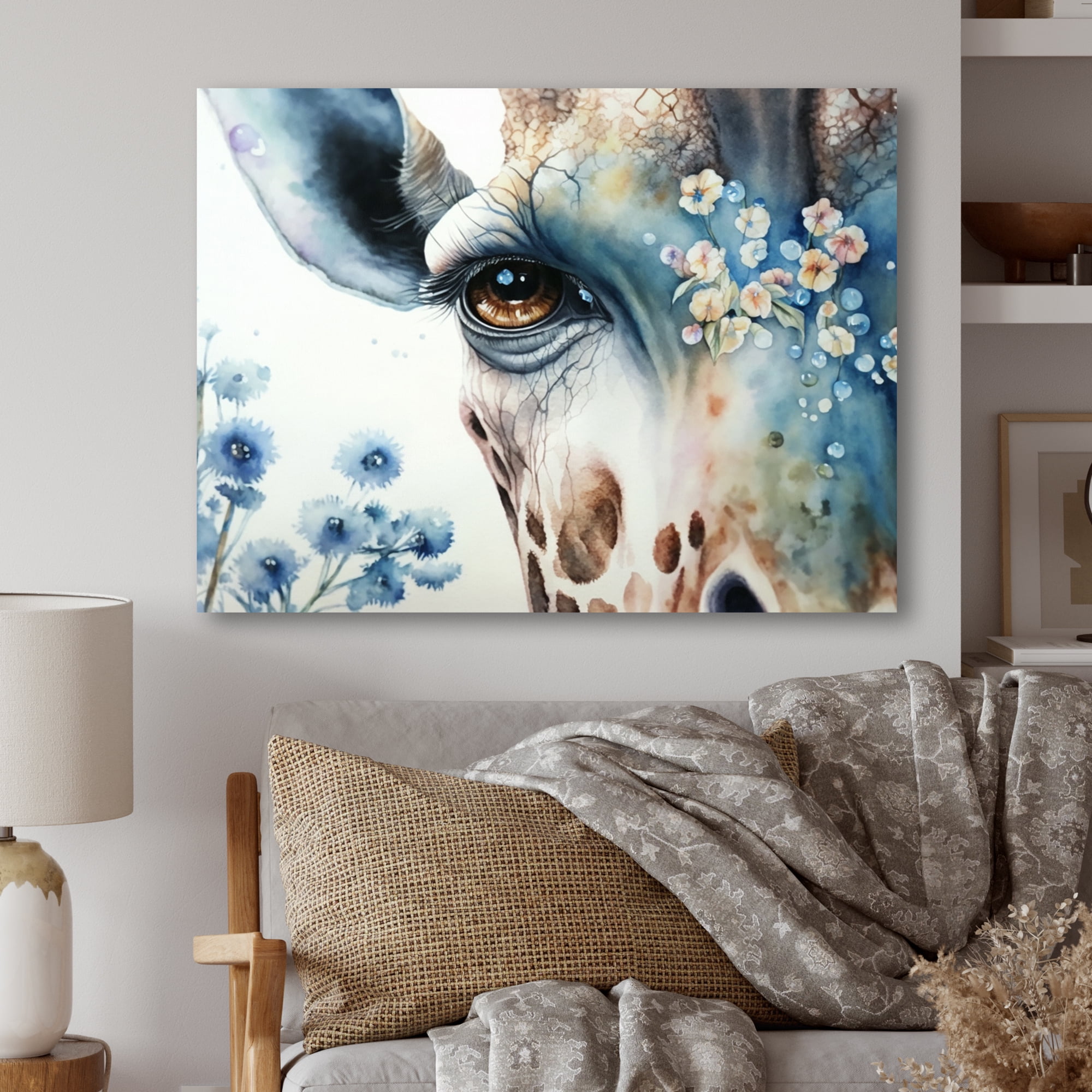 Designart Giraffe Portrait With Flowers I Canvas Wall Art