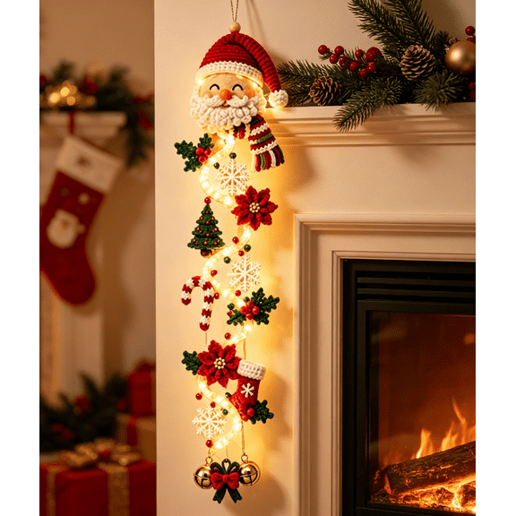 Santa Topped Lighted Christmas Hanging Decor Festive Embellished Wall Ornament for Entry Door Porch and Interior Space (Santa)