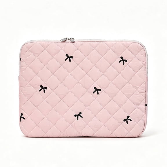 Pink Quilted Laptop Sleeve Bag with Bow Detail Small Size