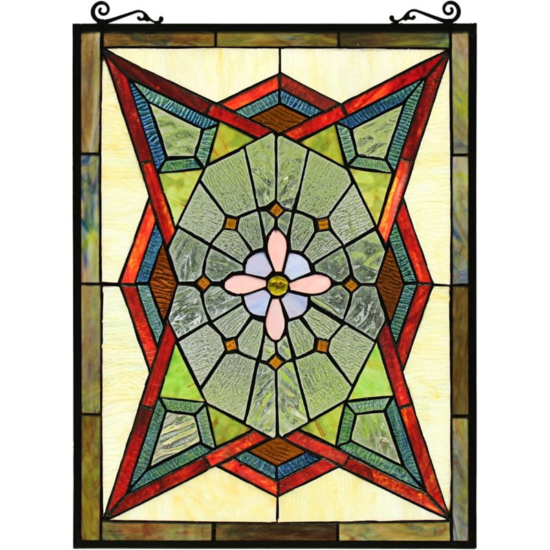 25" x 18" Victorian Motif Stained Glass Window Panel W/ Chain
