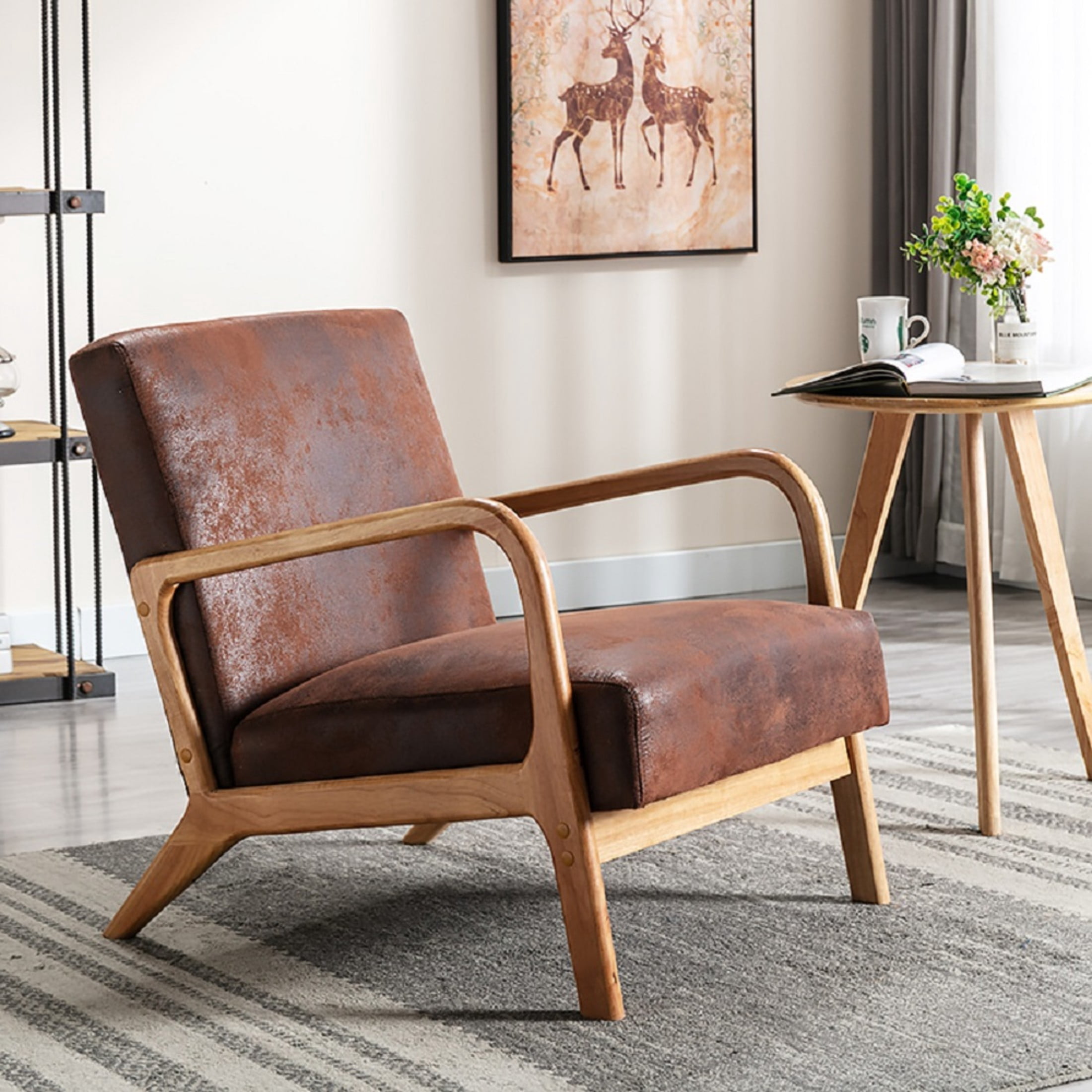 GDF Studio 32.7" Mid-Century Modern Accent Chair with Open Wood Frame, Microfiber Upholstery, Brown