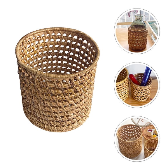 KAKOWELY Wicker Office Organizer Pencil Holder Rattan Light Brown 1Pack Back to School
