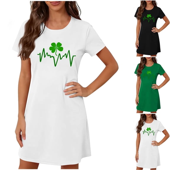 Sakmal St Patrick's Day Moomoo Nightgownss Women Short Sleeve Plus Size Pajama Sleep Dress Shamrock Print Irish St Paddys Day Short Ladies Nightgown L
