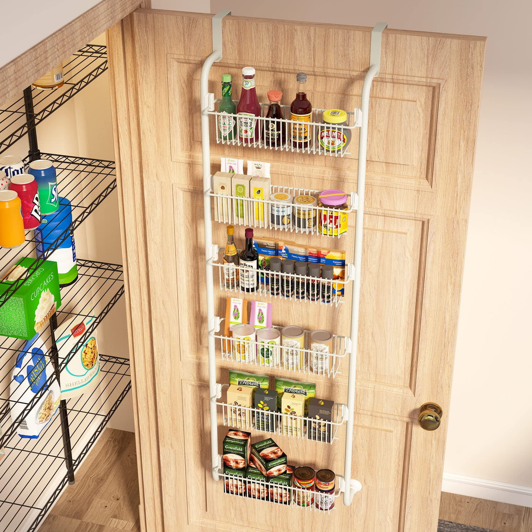 Aertyole 6-Tier Over the Door Pantry Organizer, Heavy-Duty Metal with 6 Baskets, Hanging Storage and Organization for Kitchen, Spice Rack (6x4.72 Width Baskets, White)