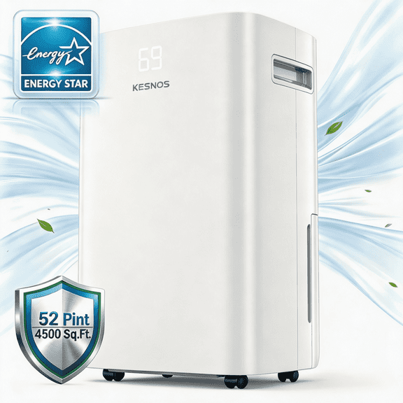 Kesnos 4500 Sq. Ft. 52 Pint Dehumidifier for Basement & Large Rooms, Portable Dehumidifier with Continuous Drain Hose for No Daily Emptying, Auto Defrost, 15.5 Pint DOE