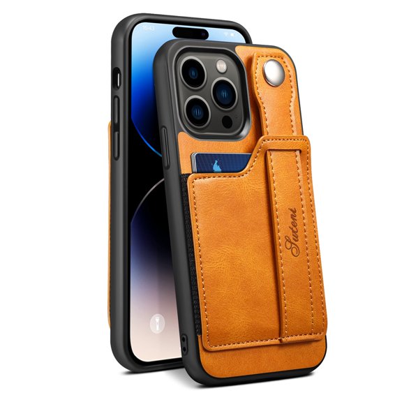 Elehold Luxury Leather Hand Strap Card Slot Case Compatible with iPhone 14 Pro 6.1 Inch with Camera Protection Card Slot Shockproof Kickstand Lanyard for iPhone 14 Pro 6.1 inch.Khaki