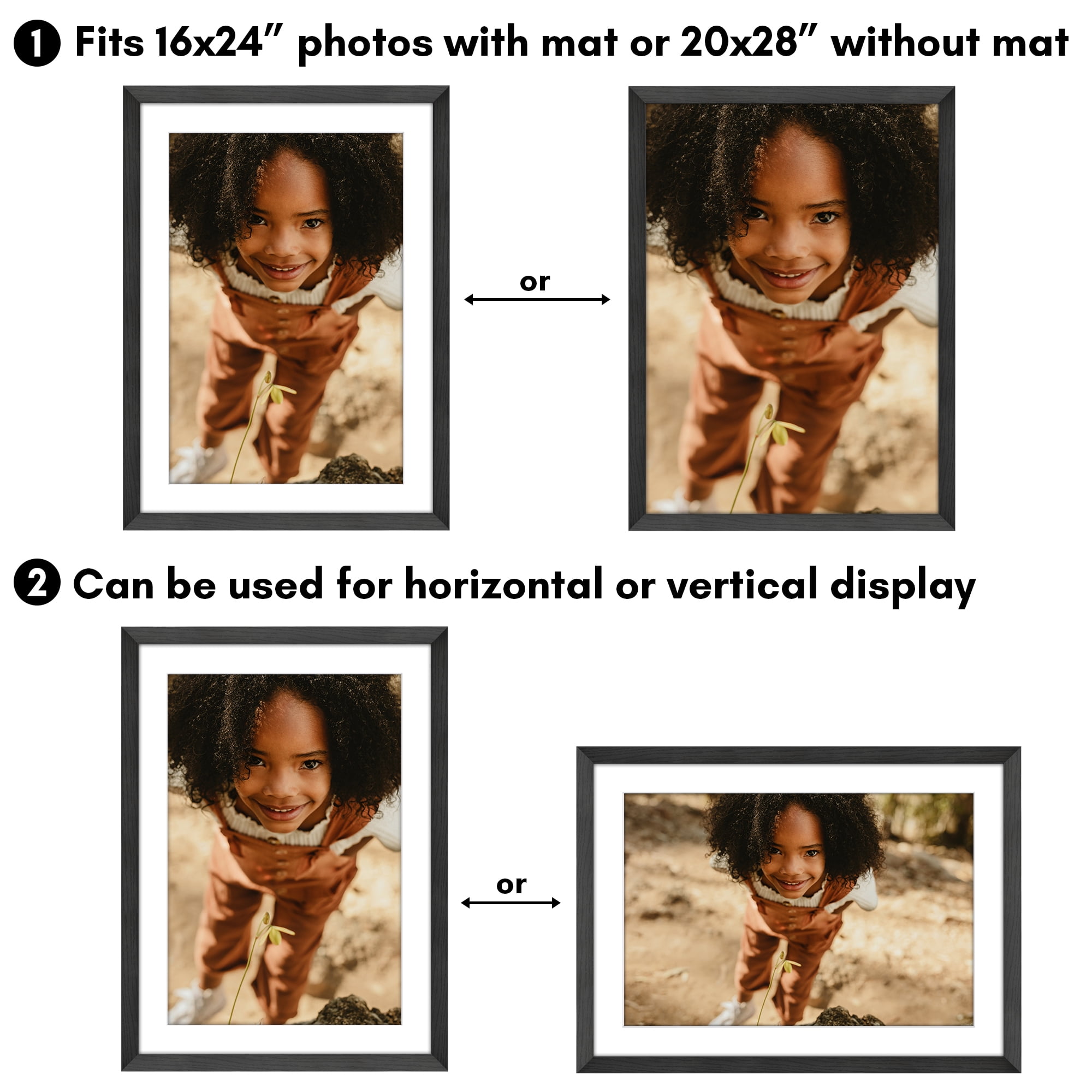 Americanflat 20x28 Picture Frame with Polished Plexiglass with 16x24 Mat Display Photo Hudson Wide - Black