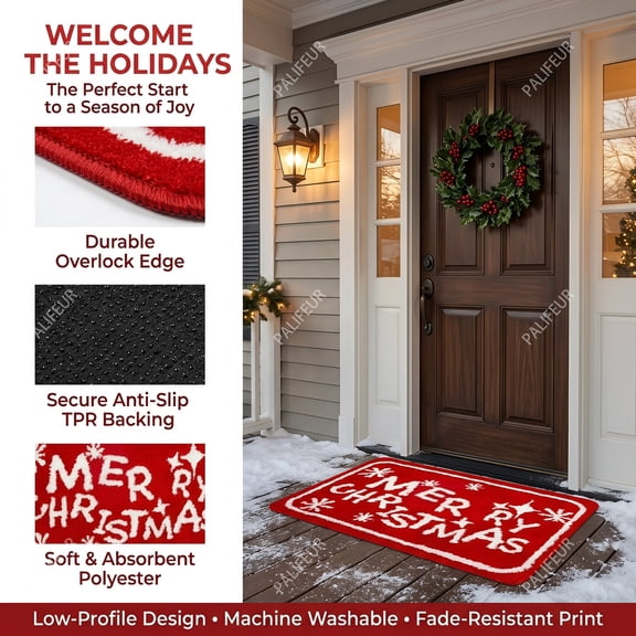 Xuniizn Christmas Door Mat Xmas Welcome Christmas Mat Non-Slip and Washable Winter Doormat Rubber Back Snowflakes Door Mat Rugs for Indoor Outdoor, Christmas Decorations for Home