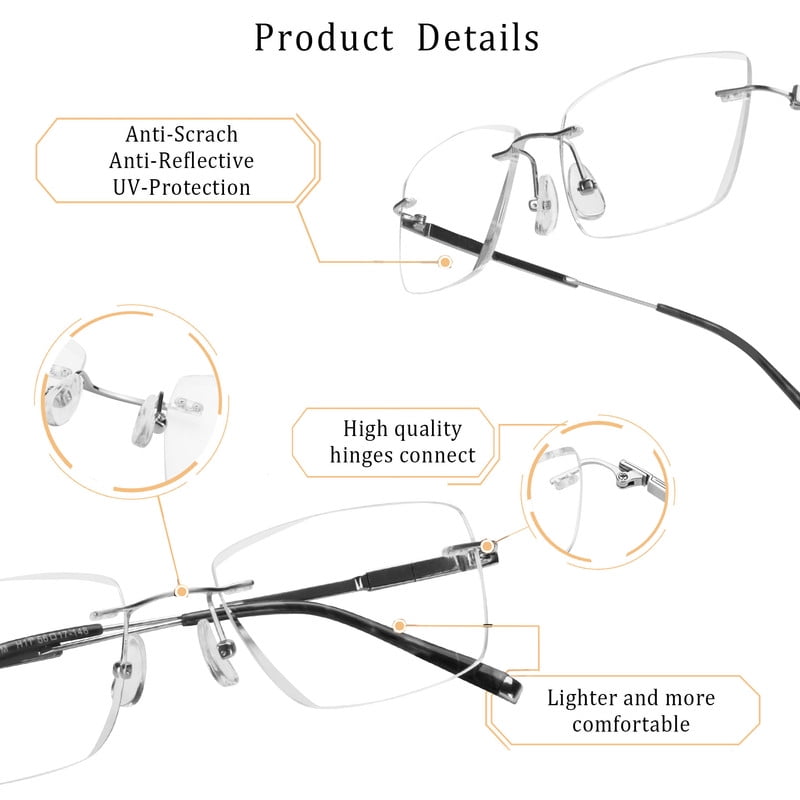 LifeArt Blue Light Blocking Glasses,Computer Reading Glasses,Titanium Rimless Frame,Stylish for Men&Women(Silver,+3.00 Magnification)