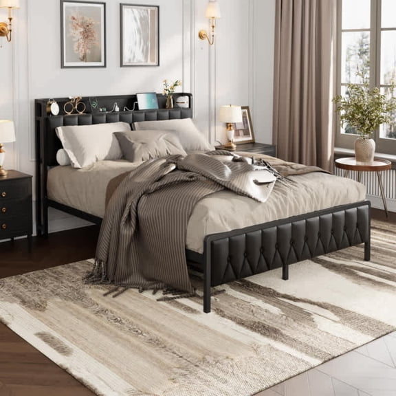 EastVita Full Black Upholstered Bed Frame with Charging Station Faux Leather Platform Bed with Headboard Footboard Storage Headboard with USB Ports Outlets