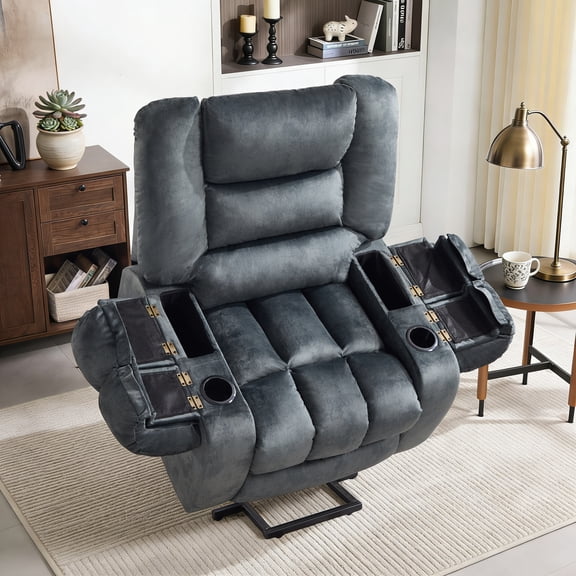 Ebello Large Power Lift Dual Motor Recliner Chair for Elderly, Fabric with Heat & Massage, Adjustable Headrest & Cup Holders for Living Room, Gray
