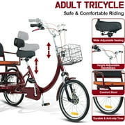 Akaber Adult Tricycle with Rear Seats, 20 3-Wheel, Front and Rear Baskets, Trike for Seniors, Red