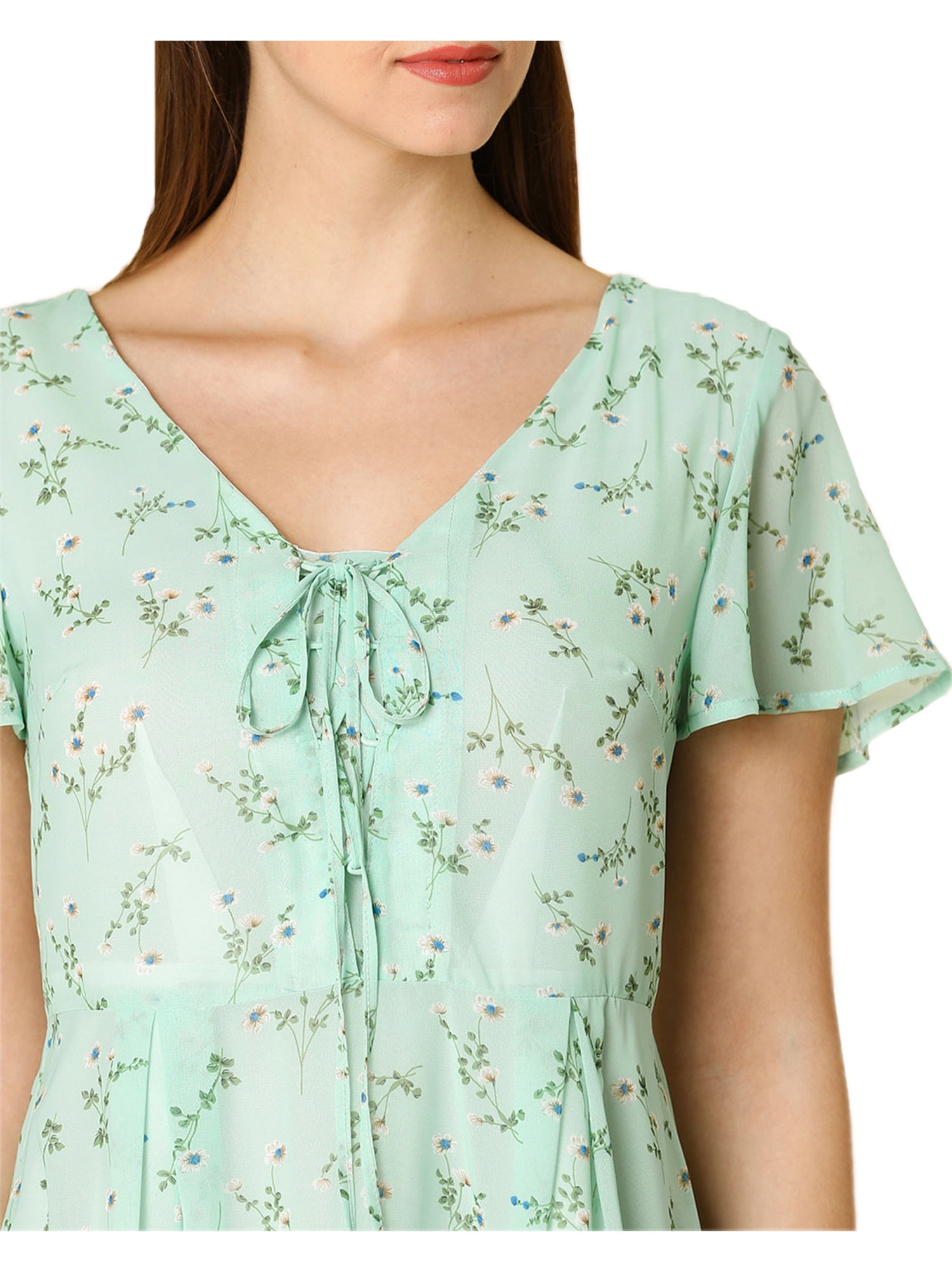 DARING DIVA Floral Flouncing Sleeve V Neck A-Line Chiffon Dress  L Green