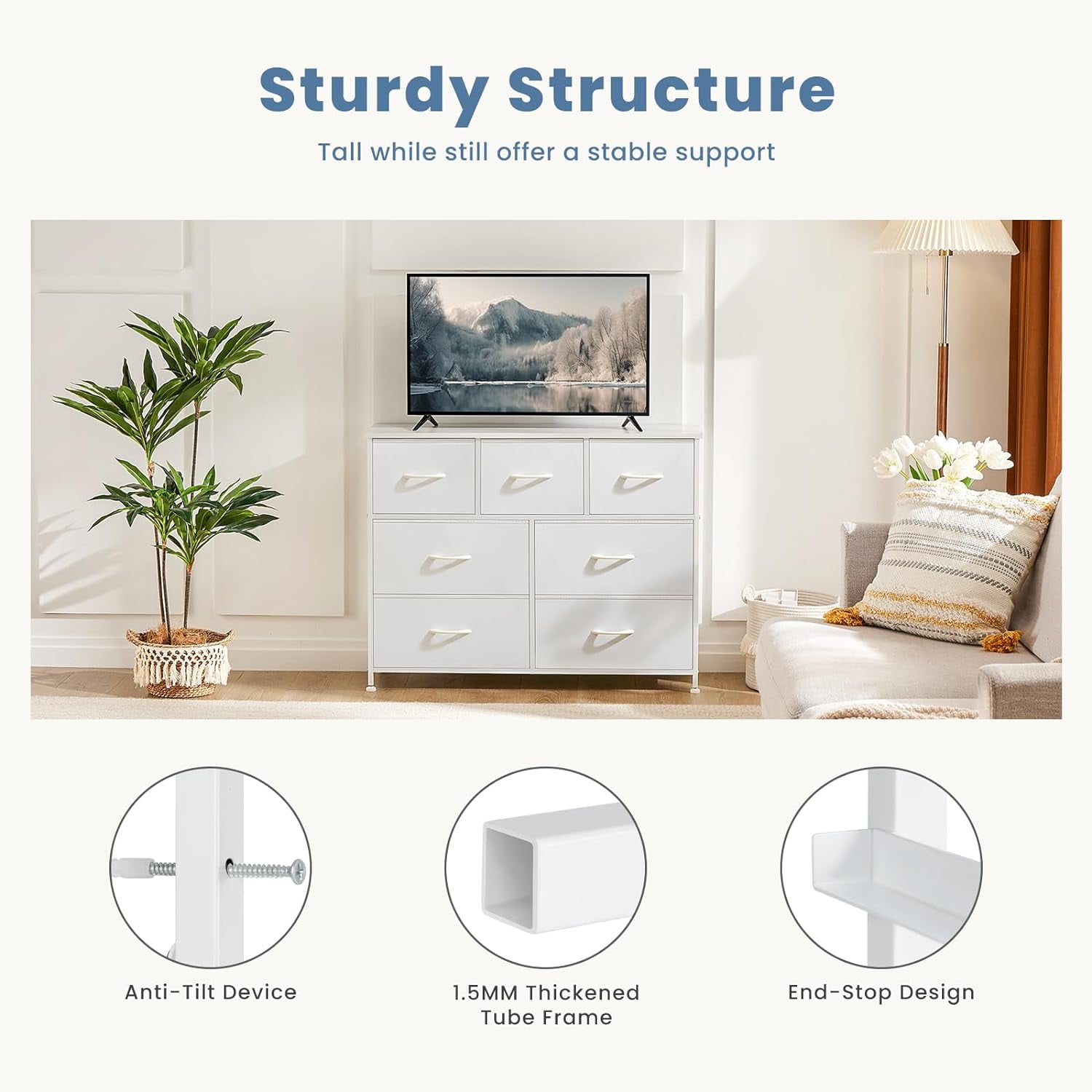 【Holiday Ready】Space-Saving 7-Drawer Fabric Dresser, Easy Assembly Storage Organizer for Bedroom & Nursery, White with Wood Top
