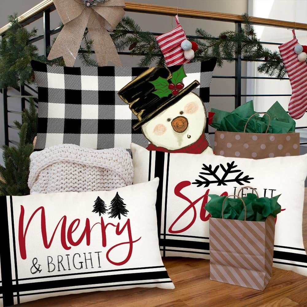 Christmas Decorative Pillow Covers 12 x 20 Inch Set of 4, Buffalo Plaid Santa Claus Snowman Let it Snow Holiday Farmhouse Cushion Cases Xmas Decoration for Home Party Sofa Couch GA436-12