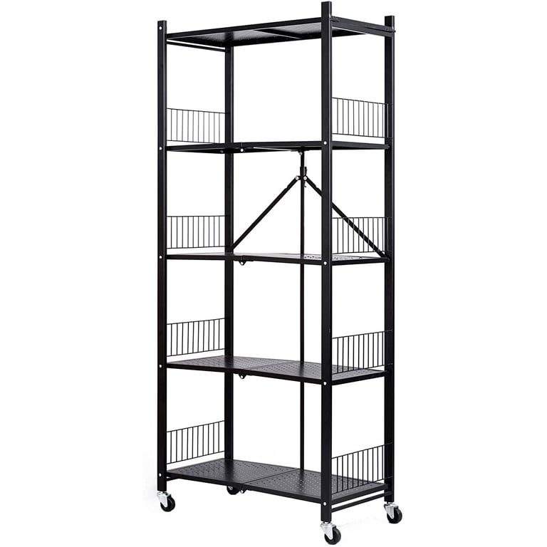 (White) 5 Tier Metal Folding Storage Shelf With Wheels