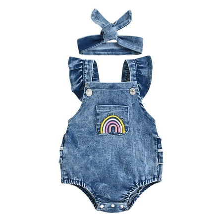

FRSASU Kids Clothes Clearance Infant Girls Sleeveless Jumpsuit Denim Rainbow Print Romper Headband 2Pcs Set