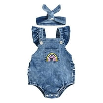 Odeerbi Baby Bodysuit Layette Set for Toddler Infant Girls Sleeveless Jumpsuit Denim Rainbow Print Romper Headband 2pcs Set Blue