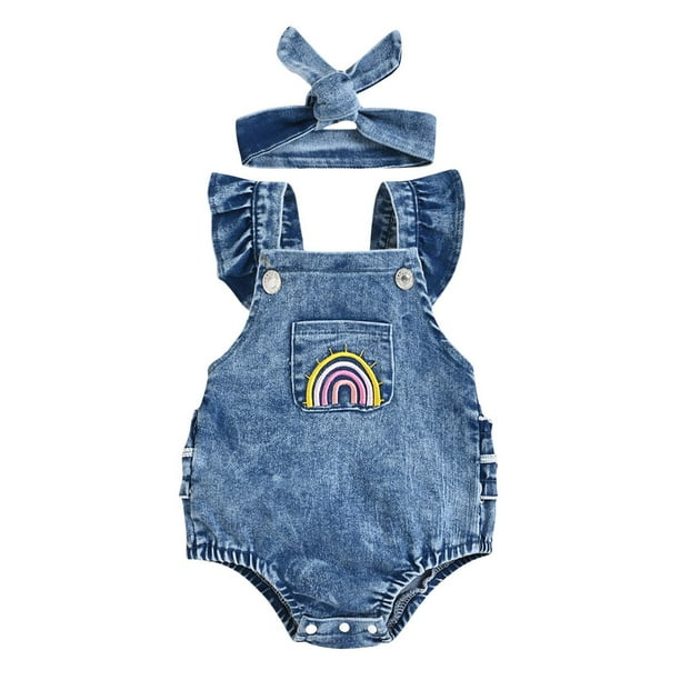 Body De Bebé, Conjunto De Canastilla, Mono Sin Mangas Para Niñas Pequeñas, Mono Vaquero Con Estampado De Arcoíris, Diadema, Conjunto De 2 Uds Azul Odeerbi LM103-258