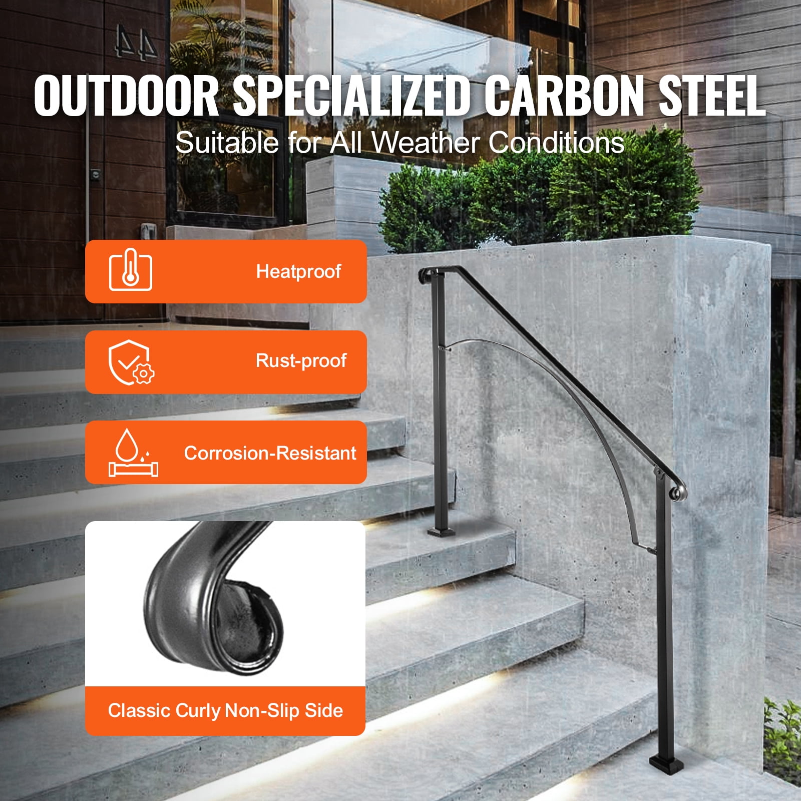 KFFKFF Handrails for Outdoor Steps, Suitable for 3 or 4 Stairs, Arch#3 Wrought Iron Railing, Versatile Porch Handrail, Black Durable Handrails for Concrete or Wooden Stairs