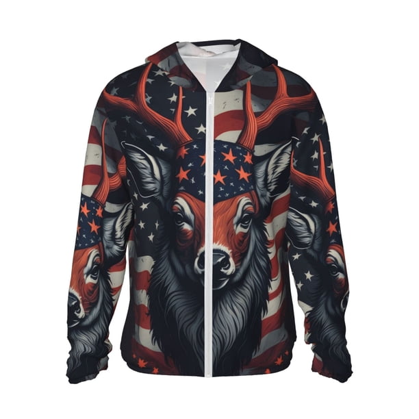 Fotbe Modern USA Deer Head Chaqueta con Protección Solar UPF 50+ para Hombre y Mujer, Camisa con Capucha y Bolsillos-Medium