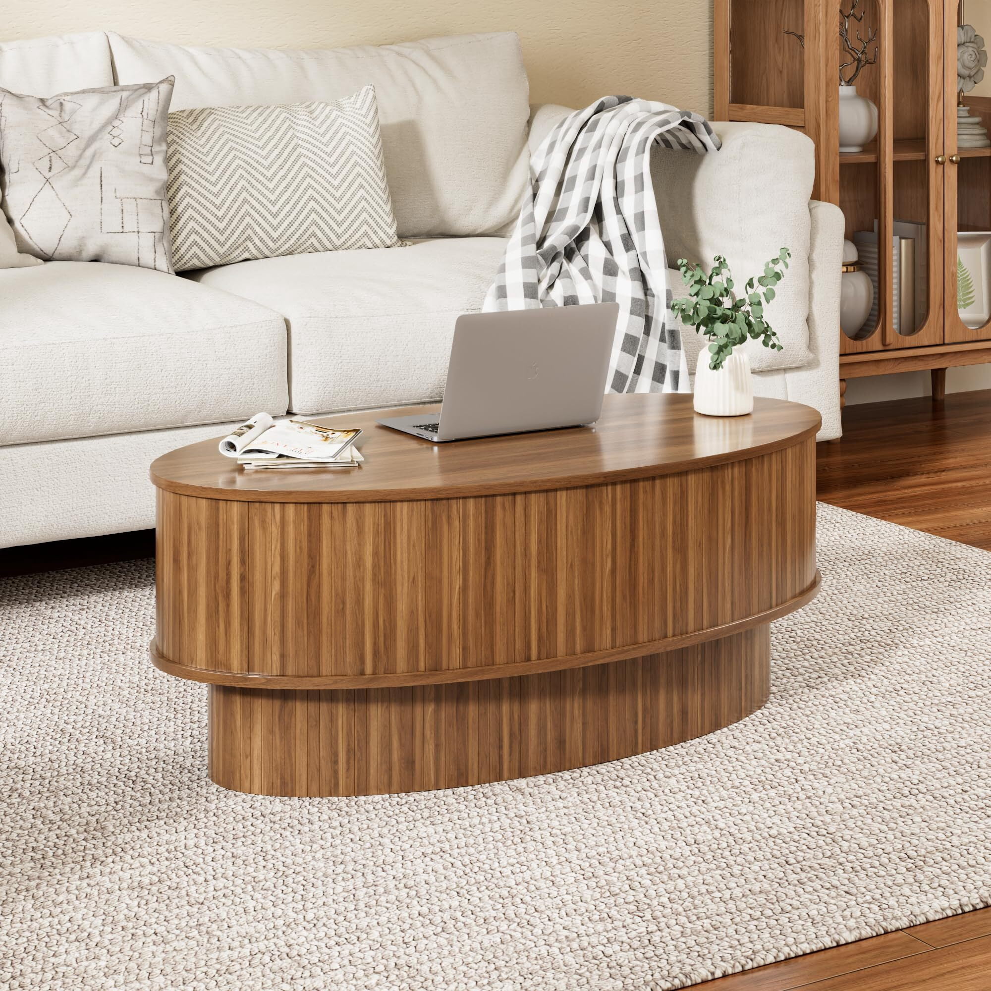 JEJEGORICH Oval Lift Top Coffee Table with Hidden Storage, 41 in Wooden Mid Century Modern Living Room Center Table, Walnut