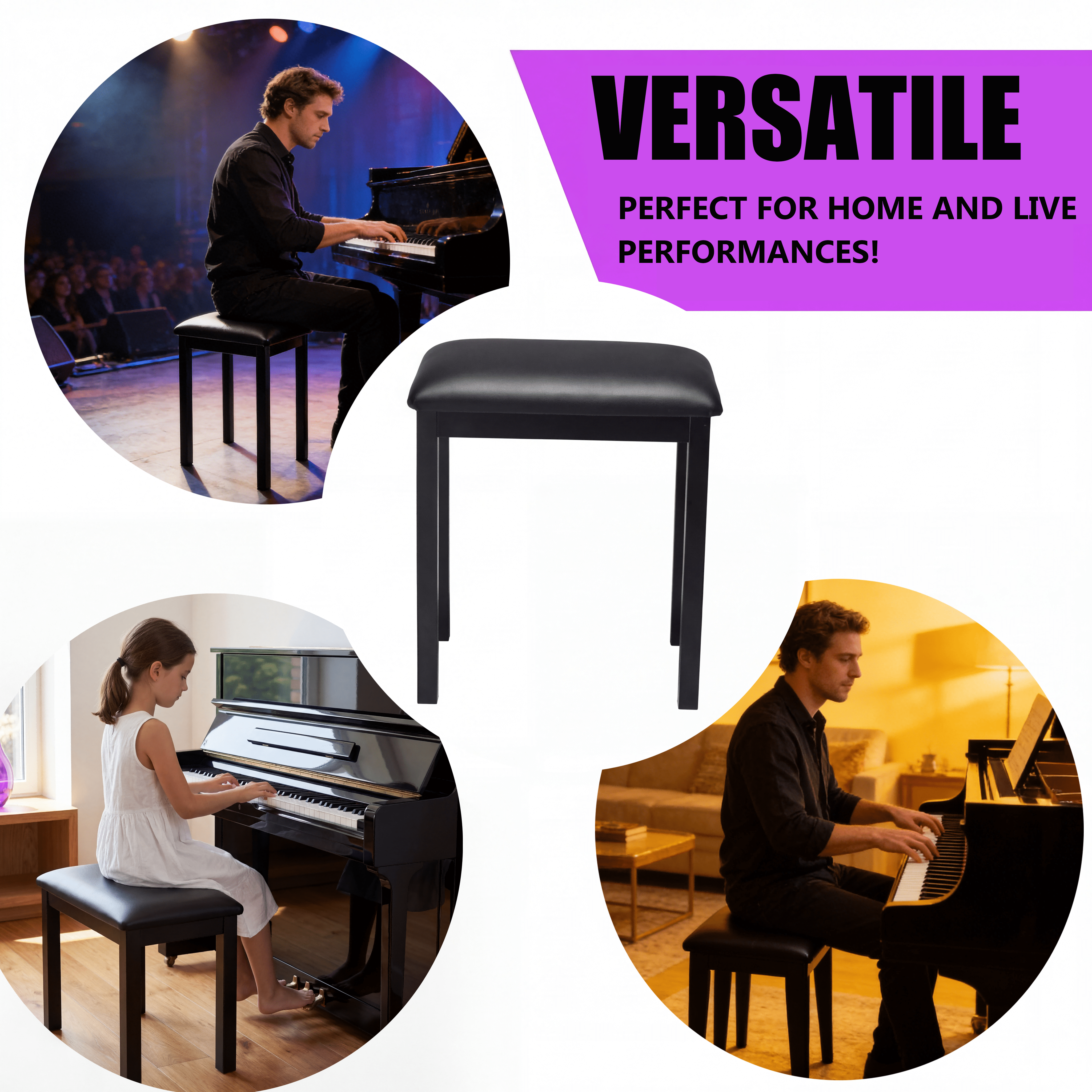 Olakula PU Leather Piano Bench Padded Keyboard Seat Single Stool Piano,More Stable Comfortable,Black