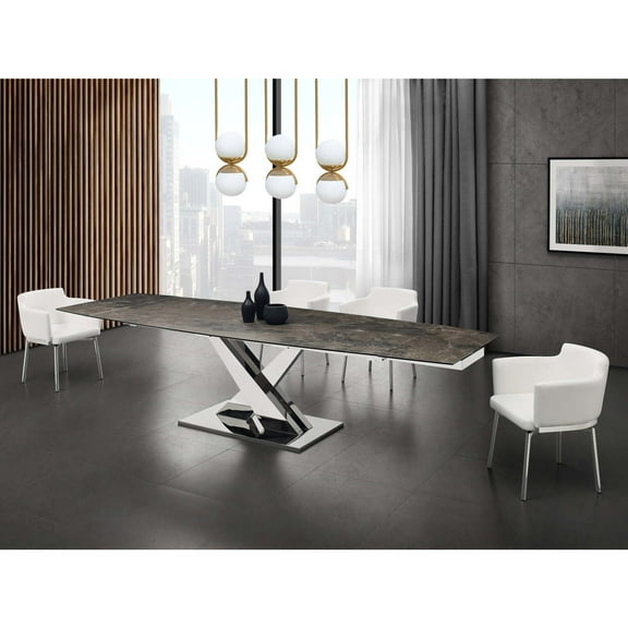 Casabianca X Base Manual Dining Table with Stainless Base and Brown Marbled Top