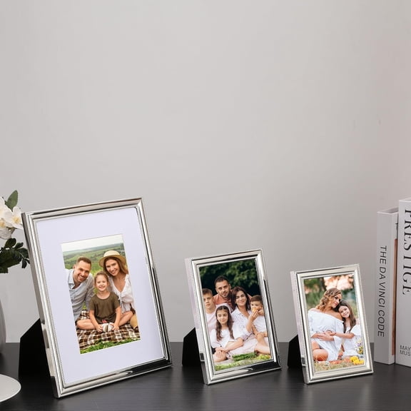 8x10 Silver Plated Picture Frames 2 Pack, Classic Beaded Design with 5x7 Mat, Real Glass Front, Velvet Backing, Ideal Gift & Home Display