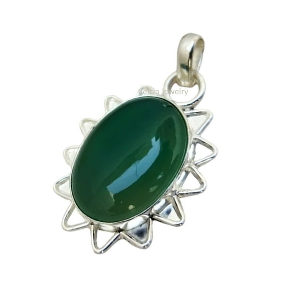 Pure 925 Sterling Silver Pendant For Women Men, Genuine Oval Green Onyx Cabochon Gemstone Amazing Handcrafted Jewelry For Her Him