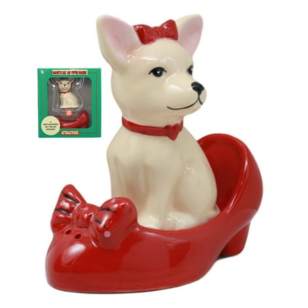 Ebros Glamour Red Ribbon Chihuahua In Red Pump Heel Shoe Salt And Pepper Shakers Ceramic Figurine Set 3.75