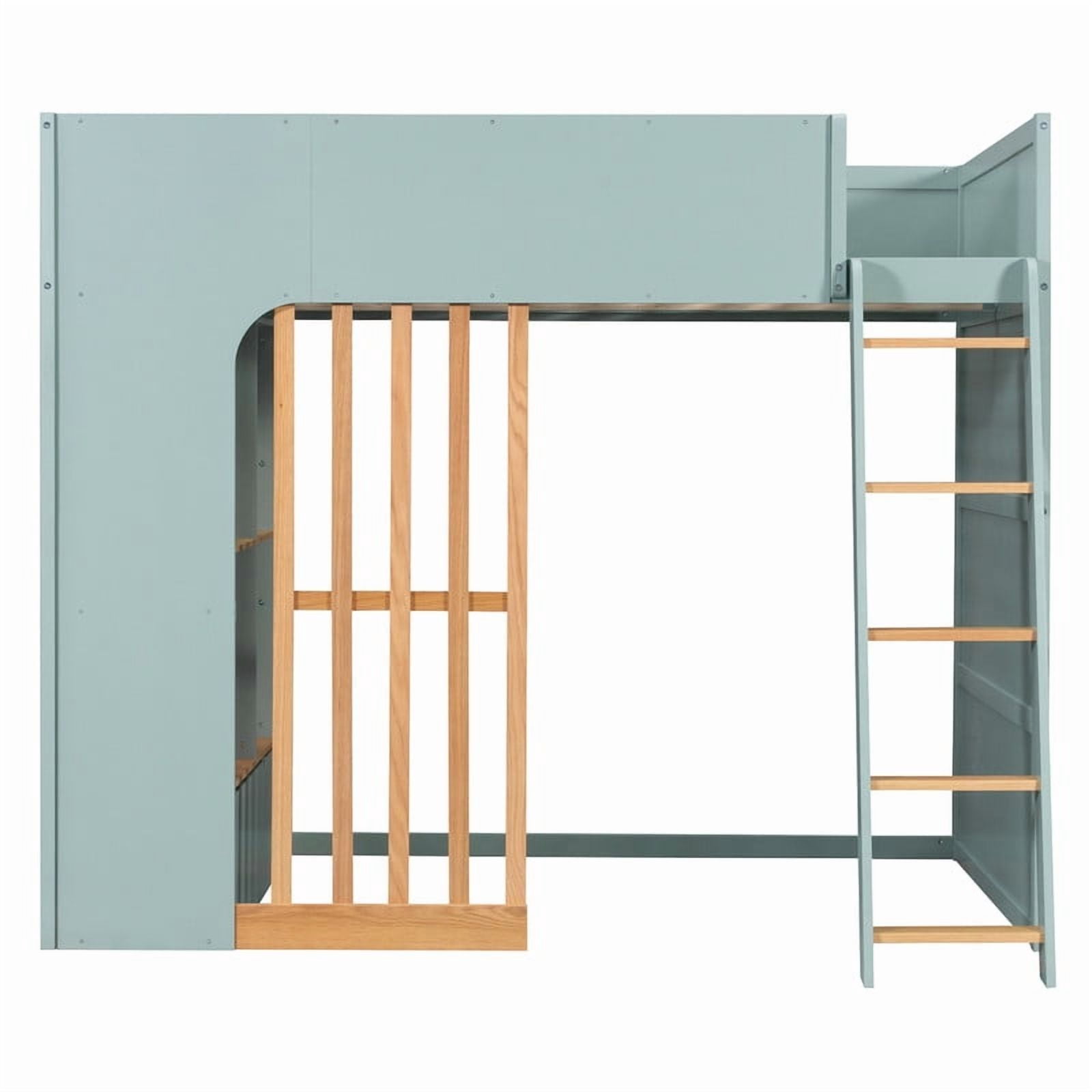 Full Size Kids Loft Bed with Shelves, Wooden High Profile Teens Storage Bed Frame with Ladder and Removable Large Drawer