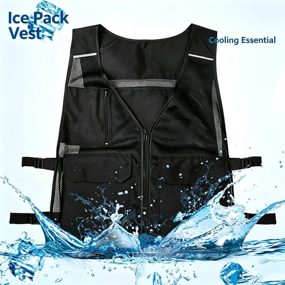 Cooling Vest with Reusable Polymer Ice Packs - Long-Lasting Cooling Vest for Men & Women, Adjustable Fit for Outdoor Work, Motorcycle, Sports & Heat Relief Black One Size