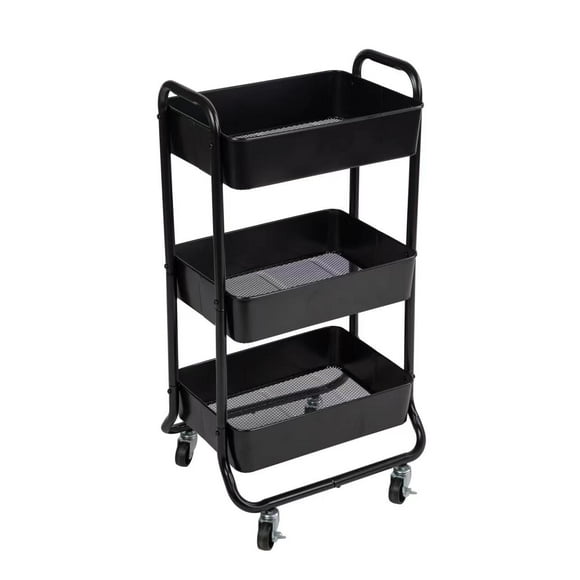 Mainstays 3 Tier Metal Utility Cart Rich Black,  Laundry Baskets, Powder Coating,  Adult and Child