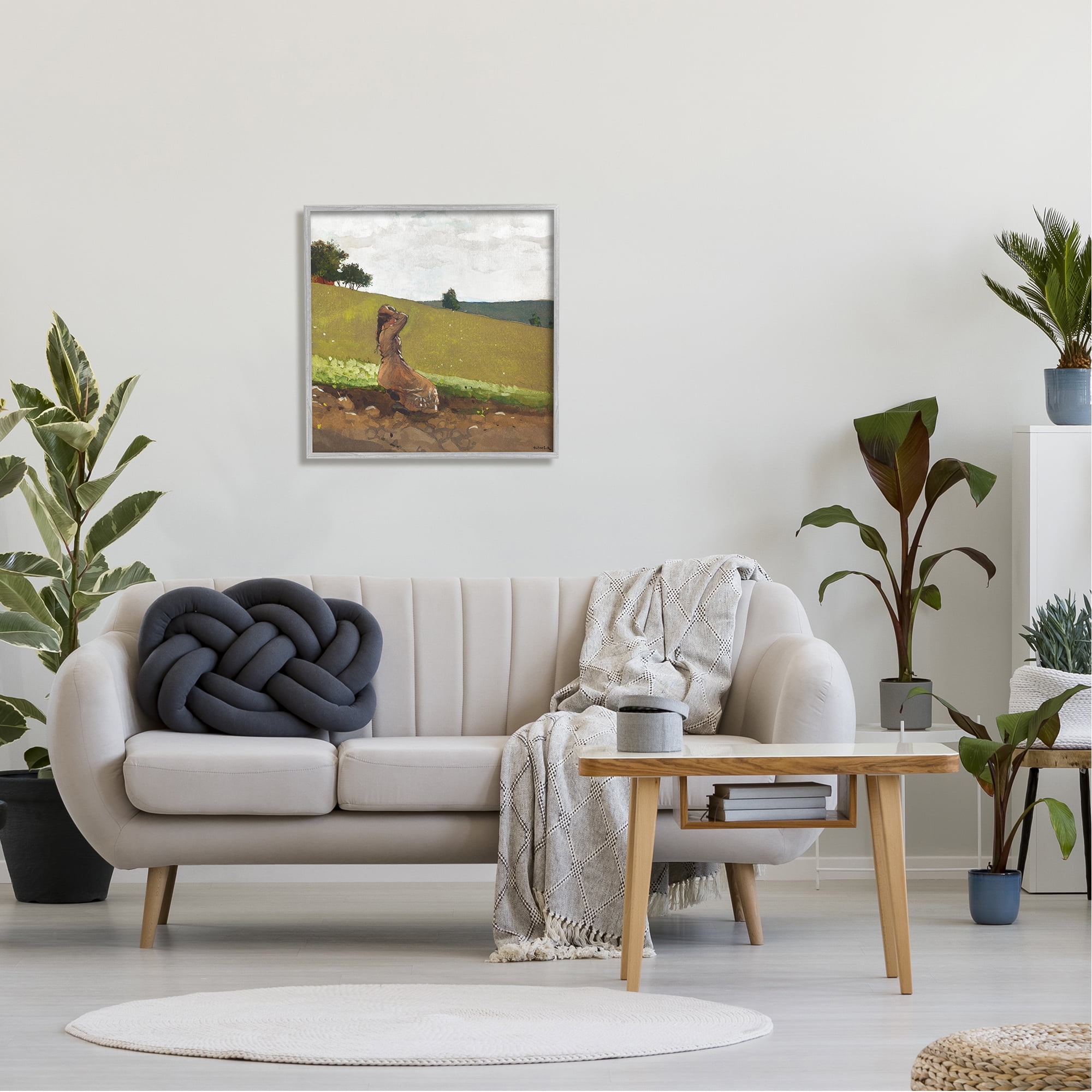 Stupell Industries Girl in Field Landscape Landscape Painting Gray Framed Art Print Wall Art, 24 x 24