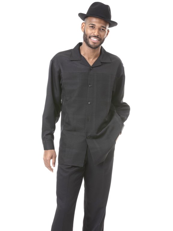 Black Solid 2 Piece Walking Suit Long Sleeve Shirt Men's Leisure Suit 1804